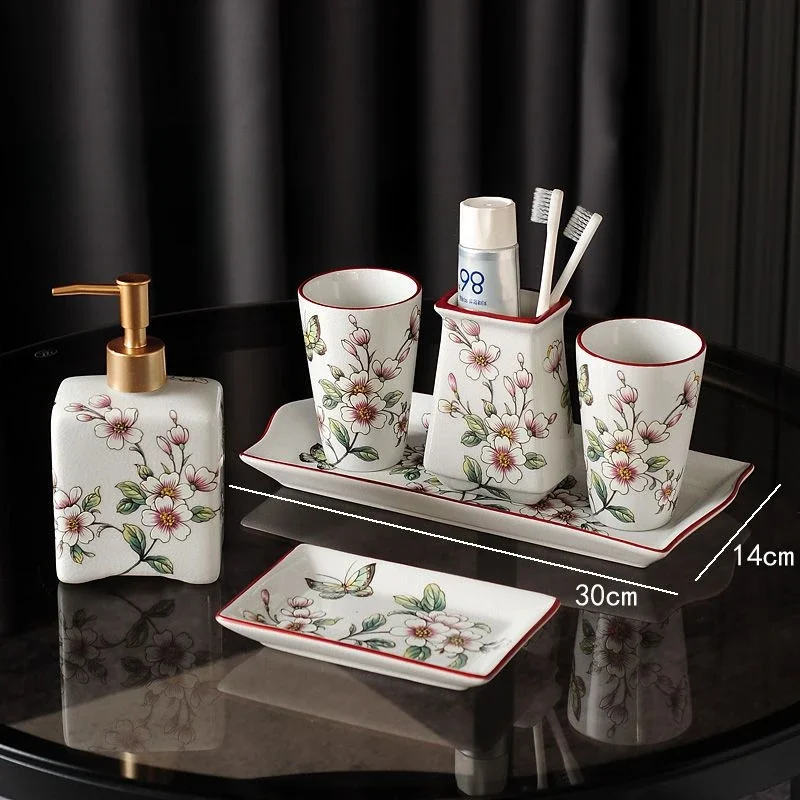 Chinese style Ceramic Bathroom Wash Set Mouthwash cup Lotion bottle tray Aromatherapy plate Begonia flower pattern home decor