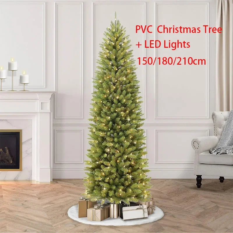 Artificial Christmas Tree With LED Lights PVC Pencil Pointed Slender Green Christmas Tree Atmosphere Decoration 150/180/210cm