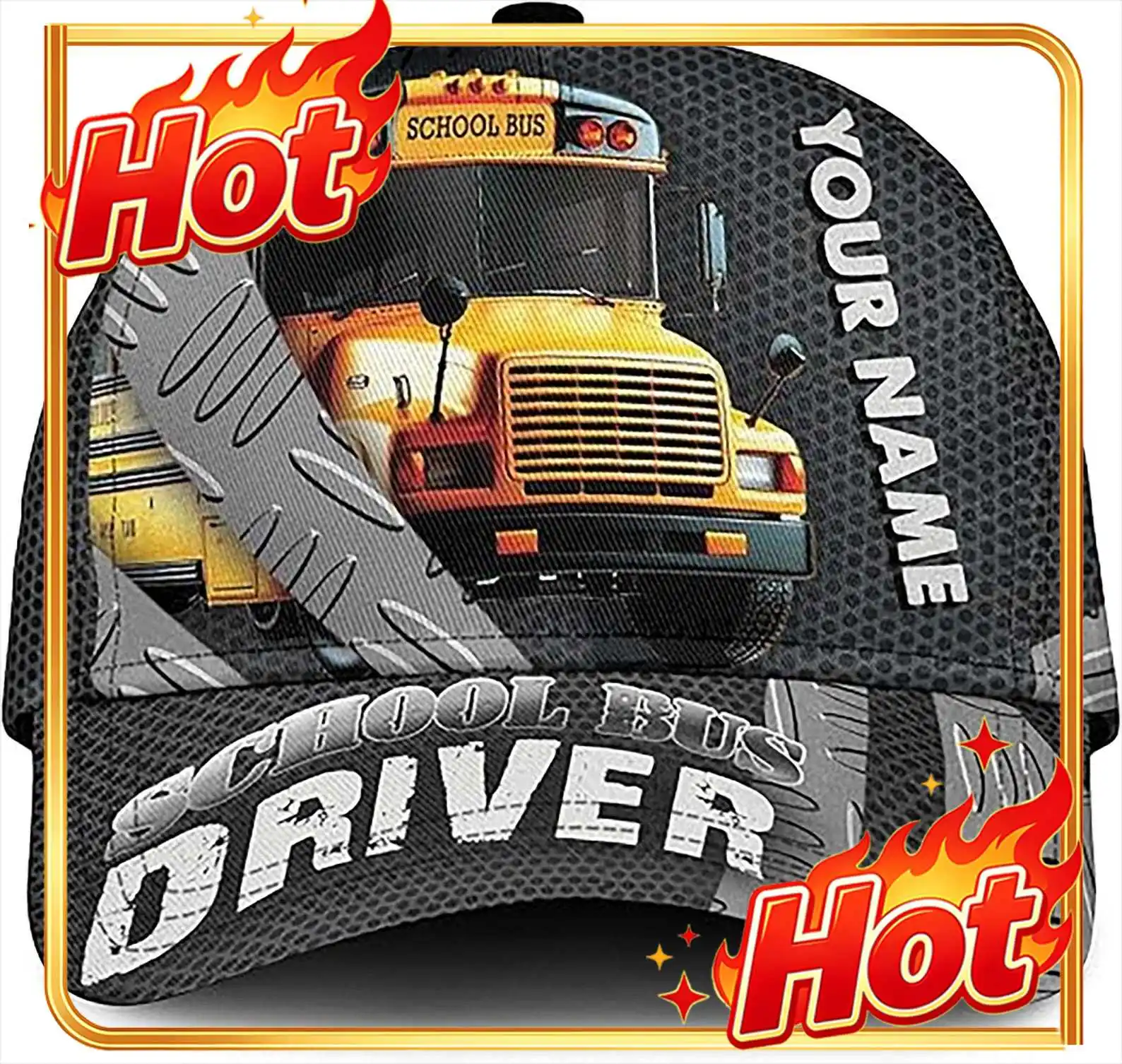 Custom Custom School Bus Driver Hat, Personalized Name Cap With Yellow Bus Print, Gift For School Bus Drivers, Adjustable Trucke