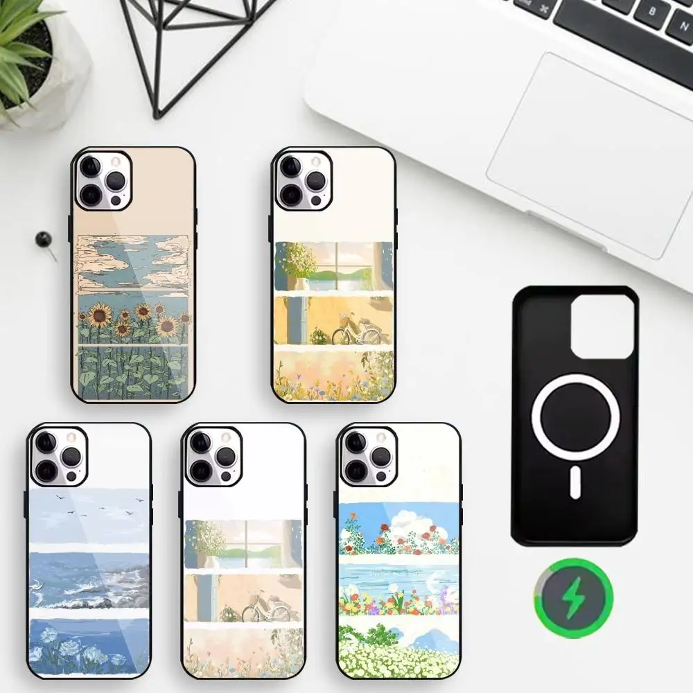 

Коллаж-коллаж с мягкими иллюстрациями Чехол для телефона для iPhone 17,16,15,14,13,12,11 Макс Черный Защитный чехол с беспроводной зарядкой