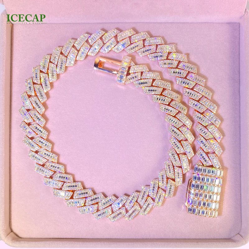 Heavy Solid 925 Silver Rose Gold Trapezoid Cuban Chain Necklace Moissanite Diamond Bracelet for Rapper Hiphop Cuban Link Chain