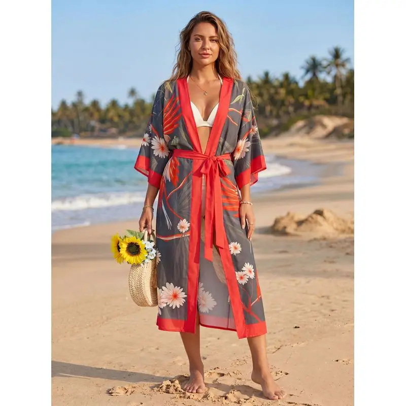 Women's Crane Print Beach Cover Up Upscale Rayon Breathable Lightweight Bikini Wrap Shawl Summer Vacation Beachwear Outdoor Sun