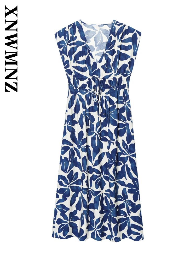 XNWMNZ 2025 Summer Women Clothing Holiday Chic V-Collar Sleeveless midi Dress boho Fashion Woman wrinkle Floral Dresses