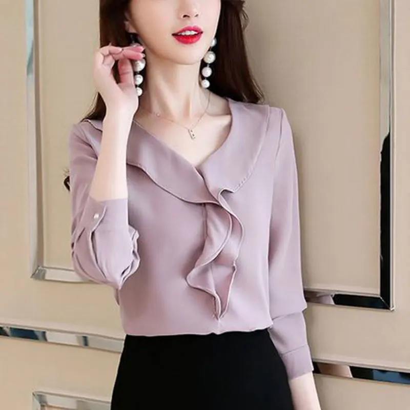 Women\'s Spring Fashion Simplicity Solid Color V-neck Long Sleeve Shirts Women Clothes Casual All-match Temperament Tops