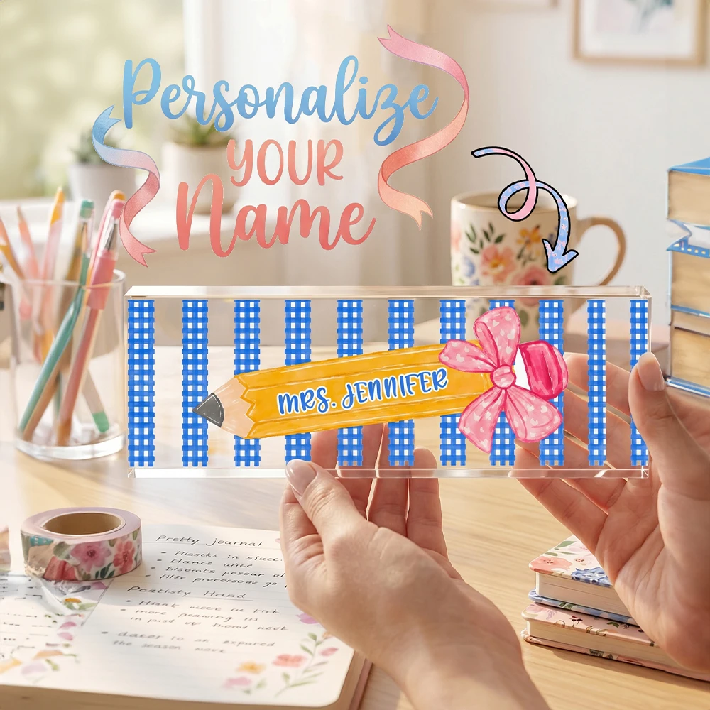 Personalized Teacher Name Plate for Desk,Custom Acrylic Desktop Plaque,Blue Checkered Pattern,Teacher Office Table Decor Gift