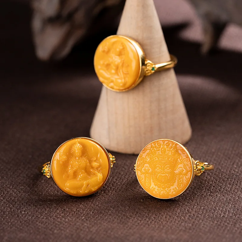 

S925 Silver Gold Plated Inlaid Natural Amber Beeswax Tara Zakiram Round Open Ring Jewelry