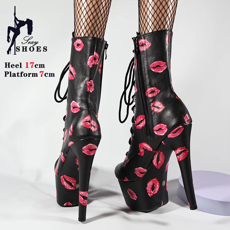 Sexy Lipstick Print Round Toe Short Boots Thin Heels Stripper Shoes Ankle Boots For Women 17cm 20cm Platform Pole Dance Heels