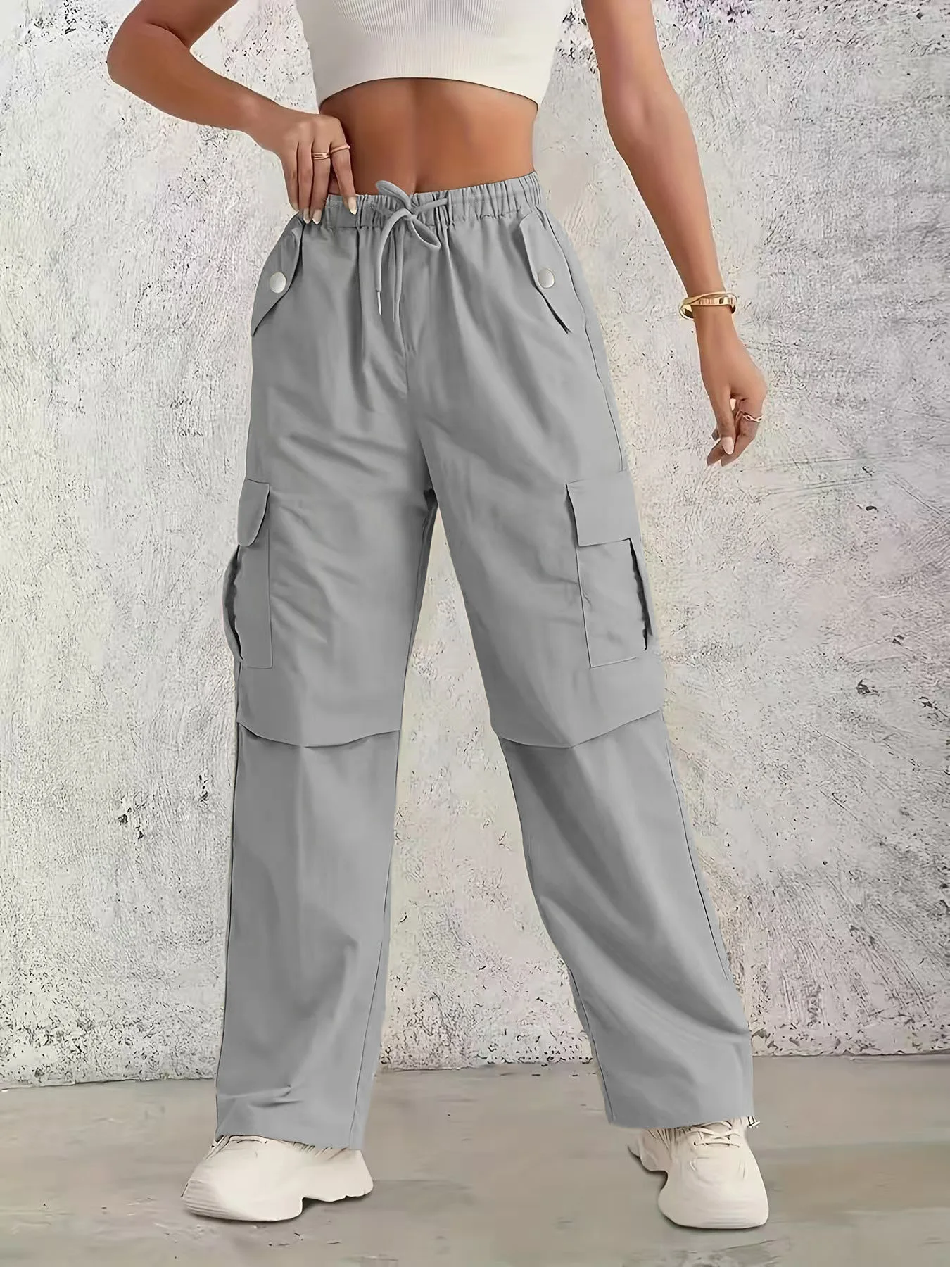 Women's Black Cargo Pants Elastic Drawstring Wide Leg Multi-Pocket Casual Streetwear Trousers Loose Fit