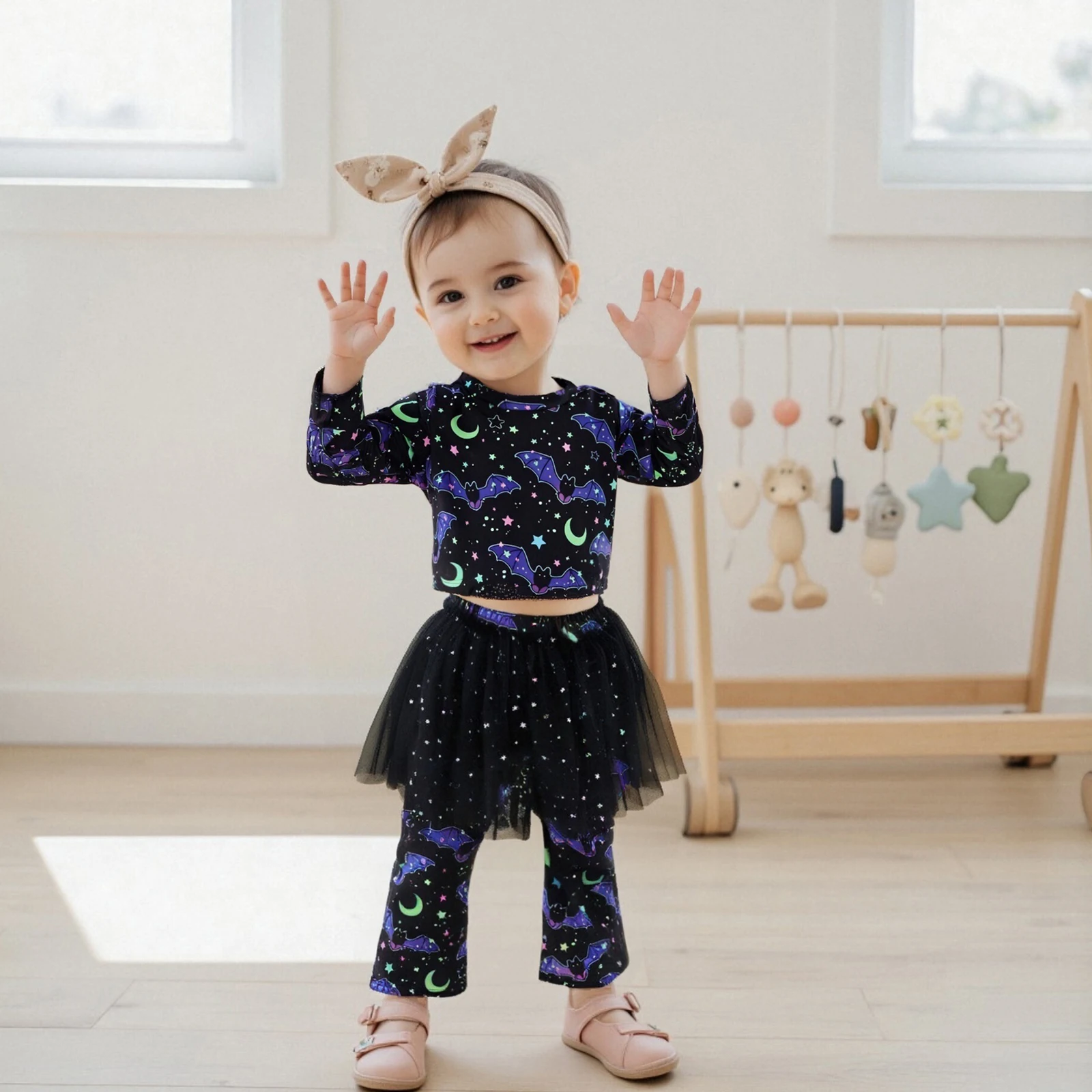 3-10Y Kid Girls Cute Pants Sets Stars Moon Bat Print Long Sleeve T-shirt with Pants Outfits Children Halloween Clothes