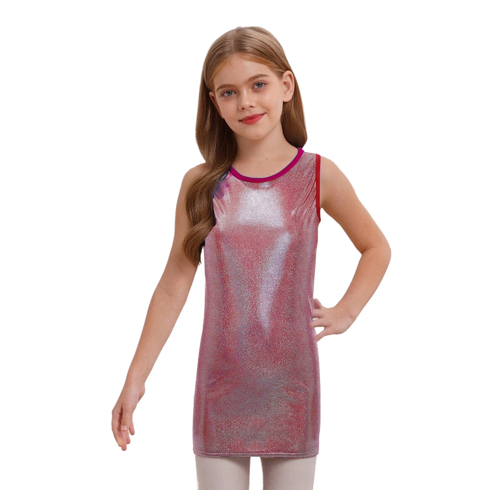 

Children Girls Stylish Metallic Jazz Dance Costume Round Neck Sleeveless Jazz Tank Dress Cheerleading Uniform for Stage Show