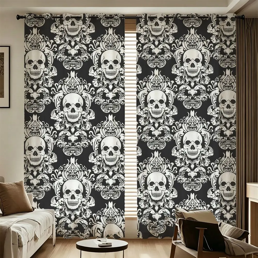 Vintage Floral Skull Printed Curtains 2 Panels Light Blocking Rate 85% Darkening Decoration Curtains Gothic Bedroom Drape