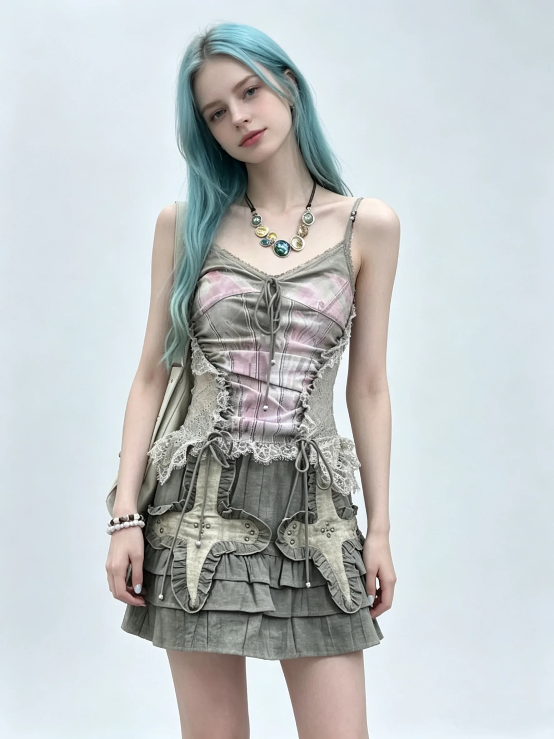 

Women's Khaki Y2K Vintage Lace Patchwork Print Camisole Tie Up Backless Print Tank Tops Summer Sleeveless Cami Tops for Women