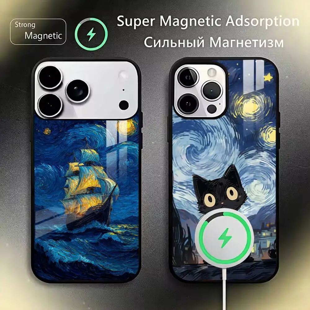 

Art Van Gogh Starry sky Phone Case For iPhone17,16,15,14,13,12,11 Plus,Pro Magnetic For Magsafe Wireless Charging