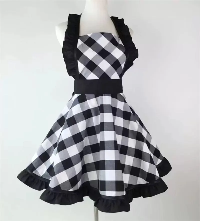 

New Arrival Sexy Maid APRON Black Plaid Cotton Bib Apron Princess Style for Kitchen Cooking Cute Neck Hanging Home Use