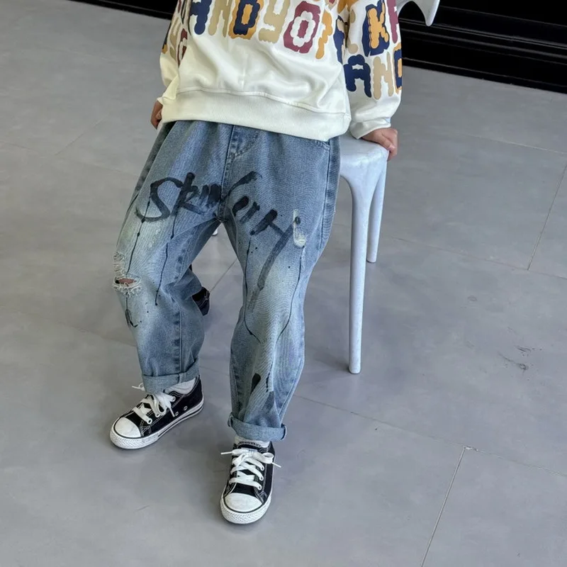 Children Jeans Cotton Boys Straight Pants Spring Summer Teenage Trousers Wear Boys Jeans Kids Denim Ripped Jeans