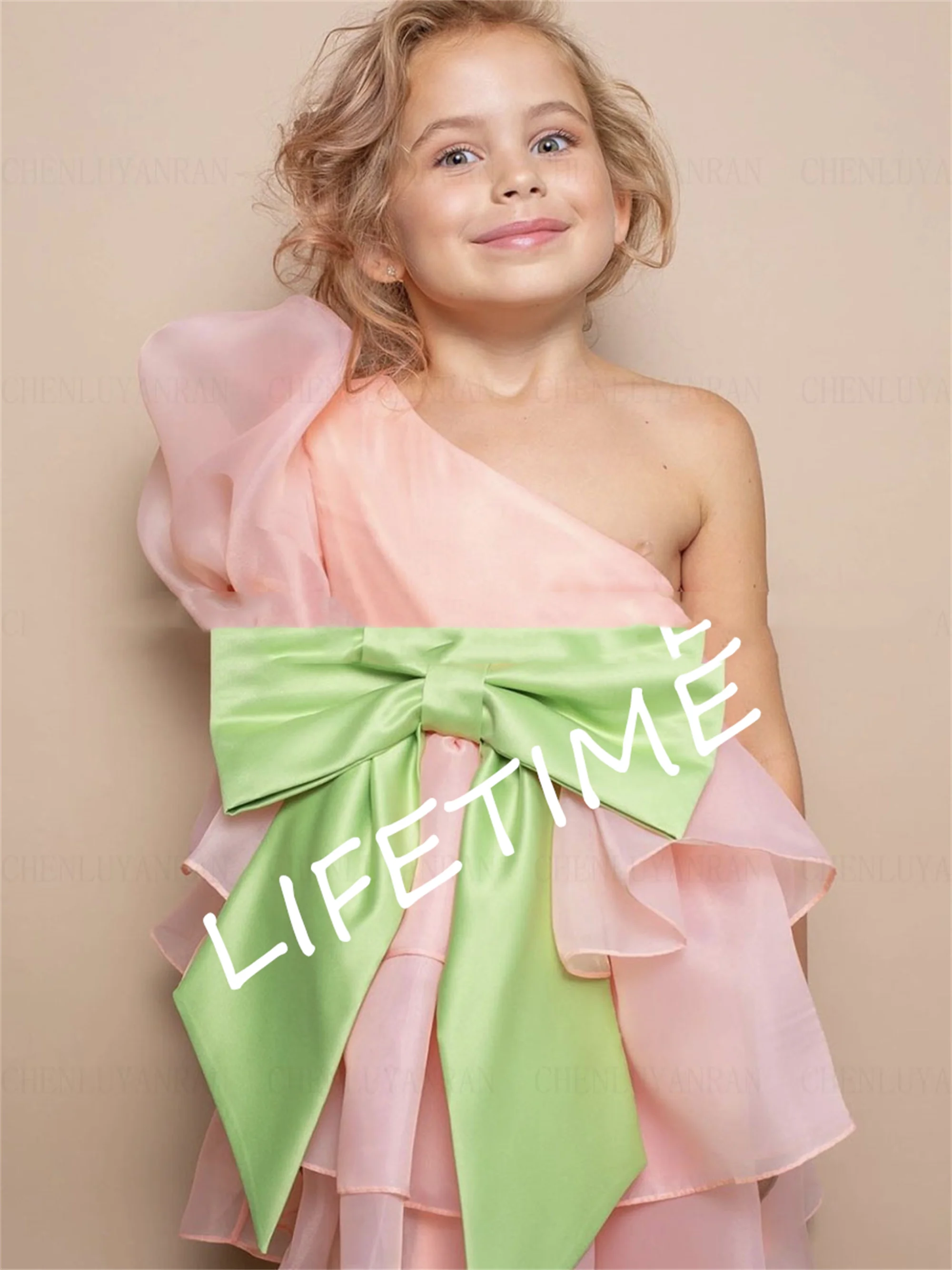 Pink Organza Flower Girl Dress Knee-Length Cute Girls Princess Wedding Party Dress Bow A-Line Puffy First Communion Gown Dress