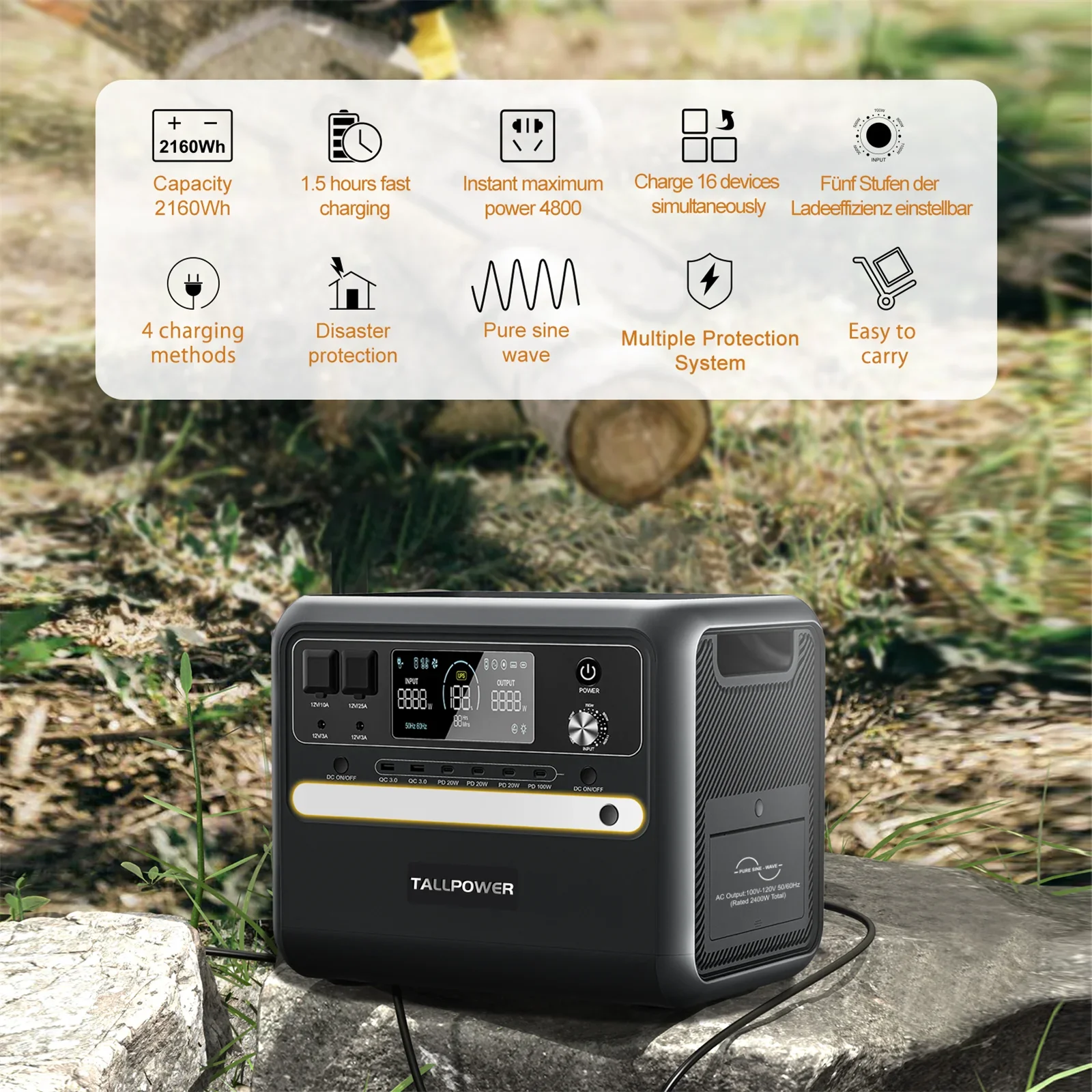 TALLPOWER High Capacity 2400W Solar Generator Portable Power Station with Trolley and Wheels