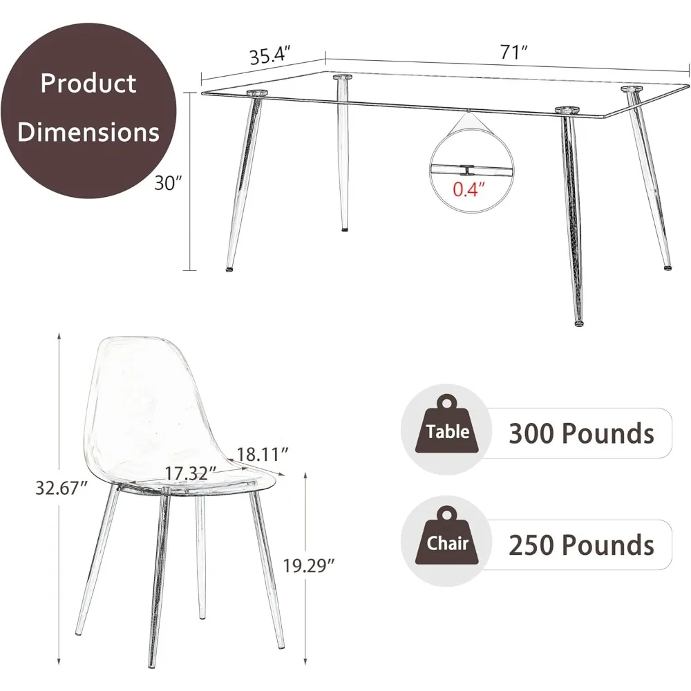 Conjunto de mesa de jantar retangular de vidro de 71 polegadas para 8 pessoas, mesa de jantar de vidro temperado transparente com 4 pernas de metal banhado a prata