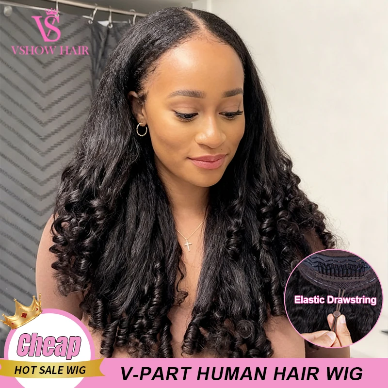 

VSHOW Pre Styled Kinky Straight Burmese V Part Human Hair Wigs 250% Density Natural Blend Curly Hair Wigs With Spiral Curls
