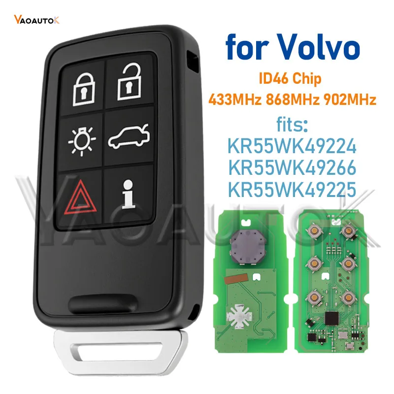 

Умный ключ для VOLVO V40 V60 S80 XC60 S60 V70 XC70 с чипом ID46, 433/868/902 МГц, бесключевой дистанционный пульт с 6 кнопками, KR55WK49266, KR55WK49224