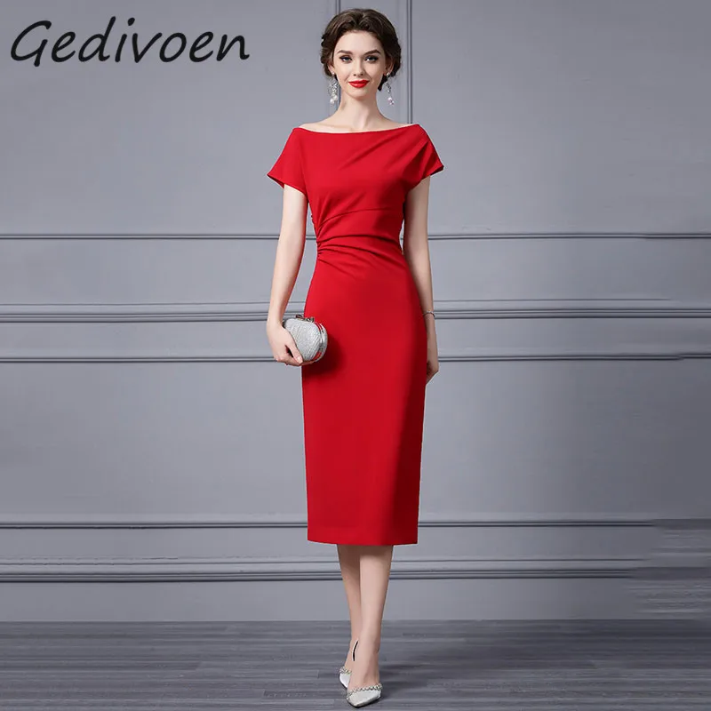 

Gedivoen Summer Fashion Runway Vintage Evening Party Dress Women's Slash Neck Ruched High Waist Slit Red Temperament Midi Dress