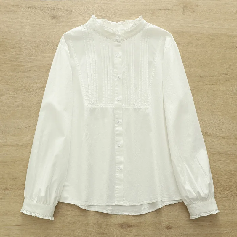Neue 2025, Herbst Baumwolle Langarm Shirt, Frauen Stehen Falten Rüschen, Mori Mädchen Mode Lässig Lose Bluse T59821CC