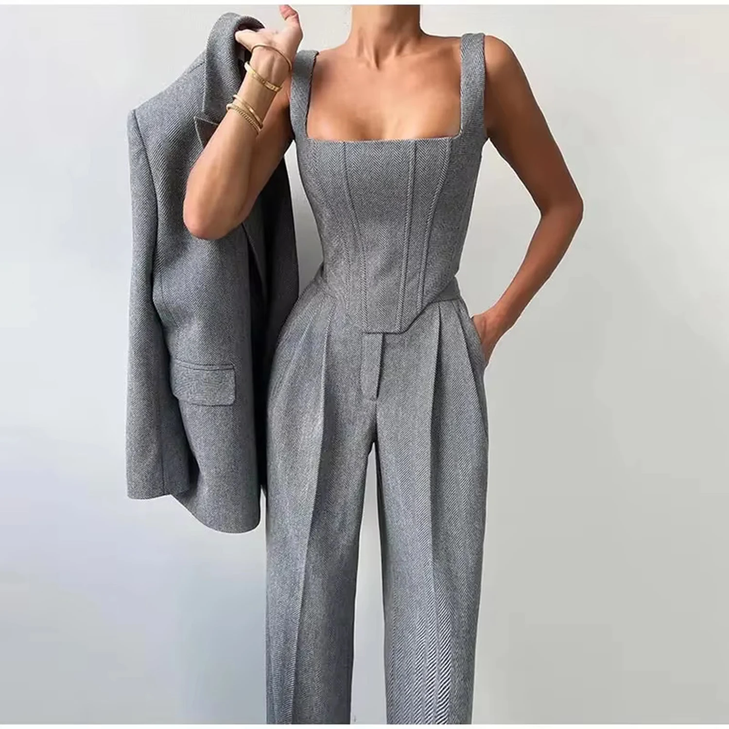 Herringbone Women's 2 Piece Set Suit Fashion Blazer Casual Daily Outfits Elegant Pantsuit Set Customize