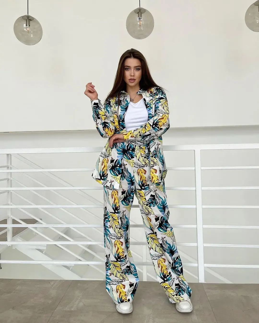 Women Tracksuit Two Pieces Set Long Sleeve shirts Turn Down Collar Single Breasted Print Pockets Wide Leg Pants High Street 2023