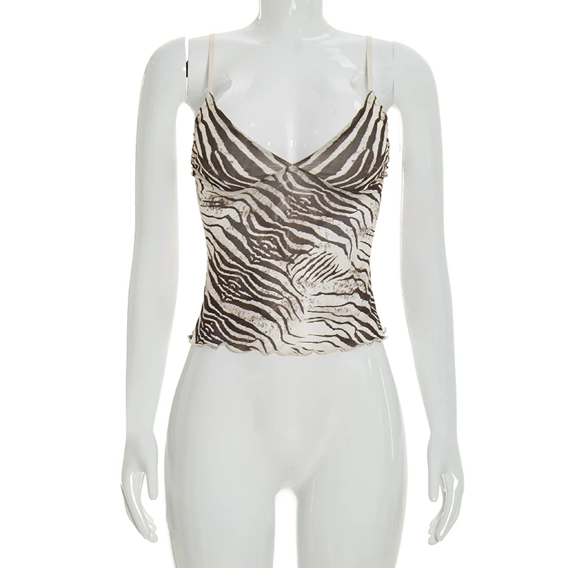 Spicy Girl Style Mesh-Top mit Zebramuster, Spitze, kurzem, offenem Nabel und V-Ausschnitt mit Netzriemen – Detail 7