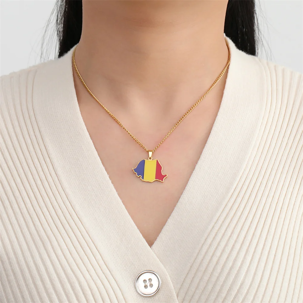 EUEAVAN Emaille Rumänien Karte Halskette Frauen Männer Edelstahl Trendy Rumänische Flagge Anhänger Ketten Halsband Ethnische Schmuck Geschenke – Detail 10