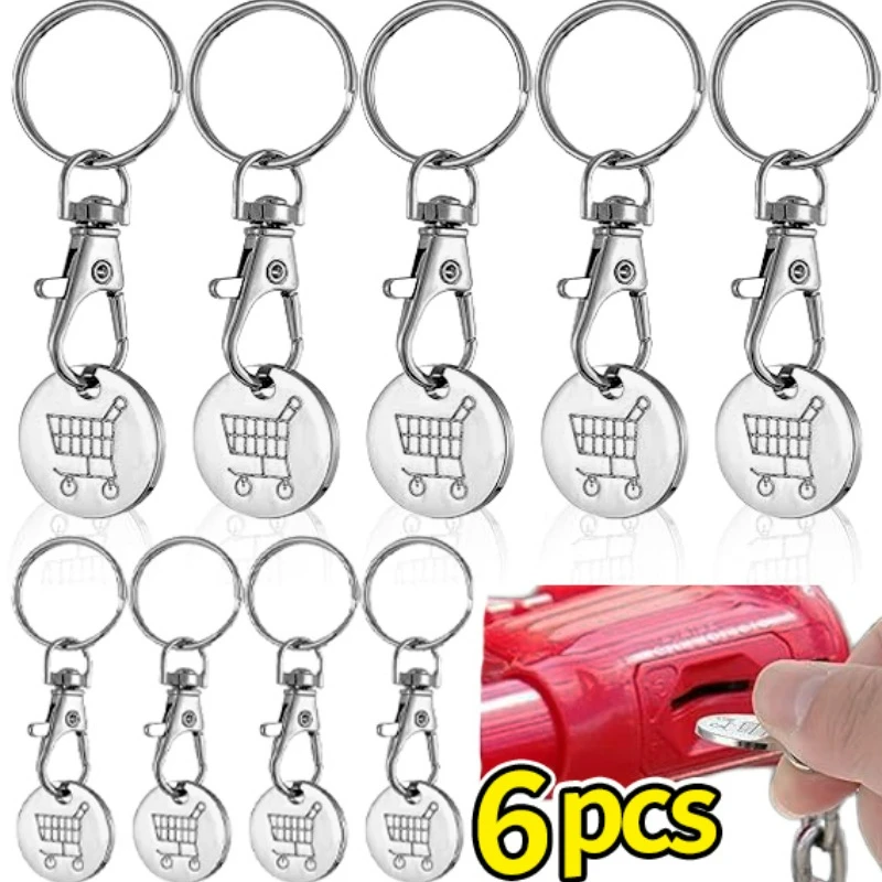 1/6Pcs Trolley Tokens Keychains Universal Small Metal Stainless Steel Portable Shopping Cart Tokens Key Ring Ornament Decoration