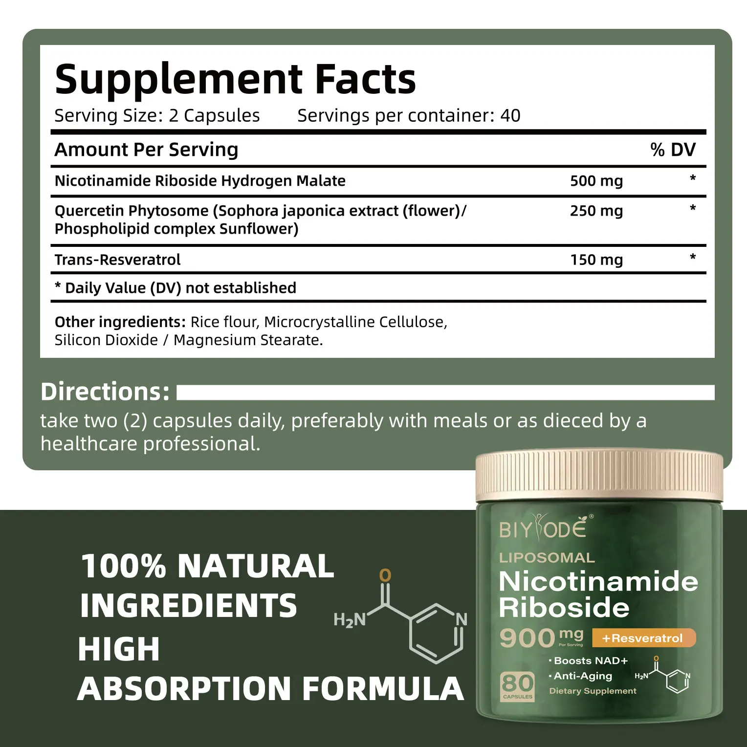 NAD+ Supplement Capsules - Liposomal Nicotinamide Riboside Capsules 900mg with Resveratrol & Quercetin - for Anti-Aging, Energy