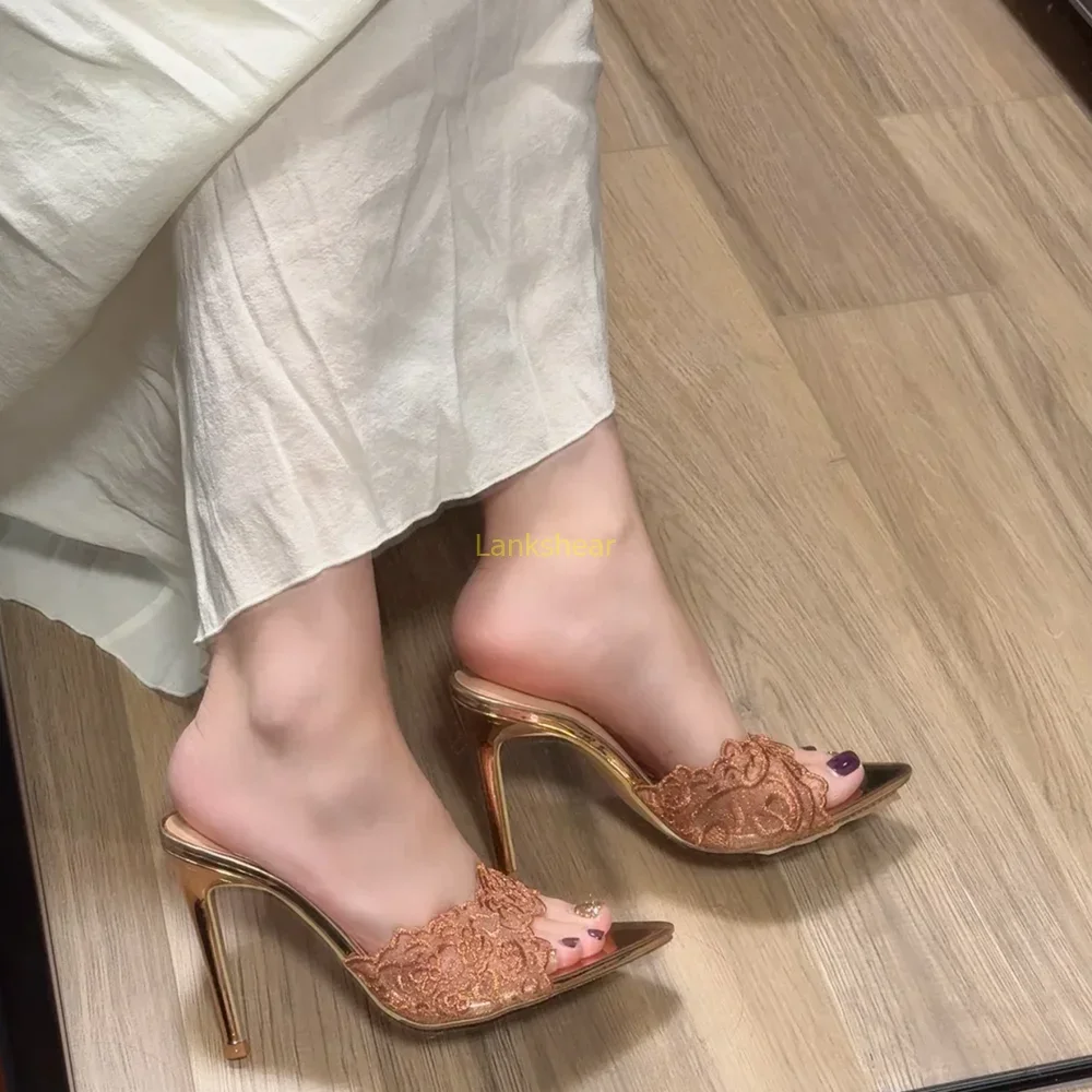 

Embroidery Lace Slip On Slippers Sexy Pointed Toe Thin Heel Solid New Arrivasl Fashion Women Modern Shoes