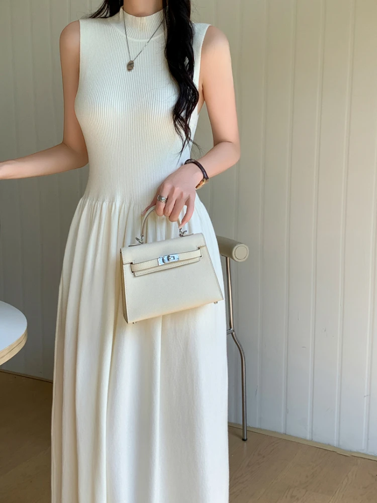 Vintage Casual Patchwork Sexy Dress Women Commute O-neck Sleeveless A-line Knitting Female Dresses Autumn 2024 Lady Robe Vestido image 4