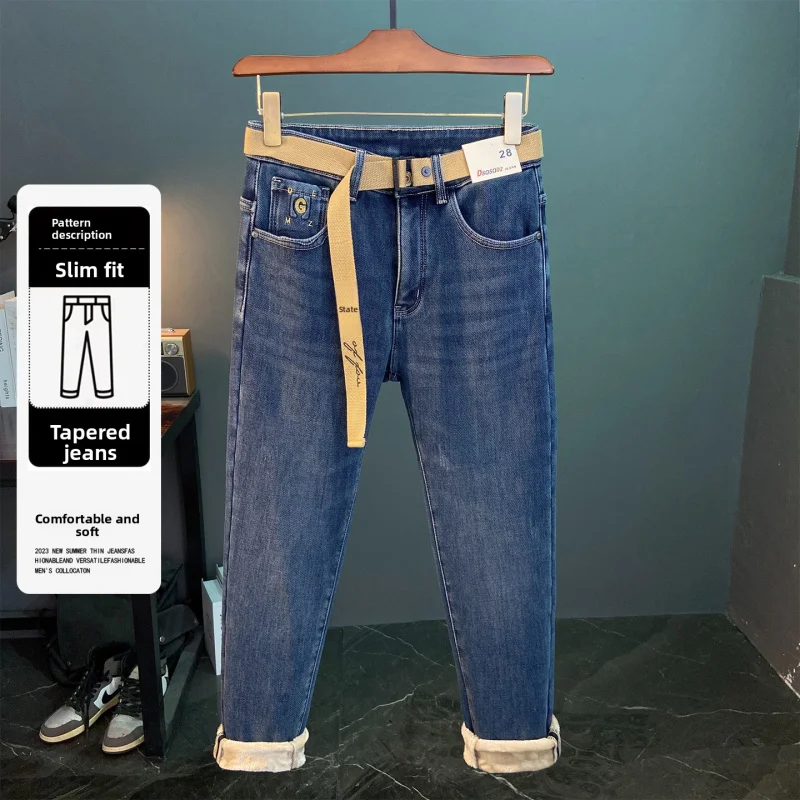 

hick denim jeans with added fleece for men, fashionable high-end stretch denim, slim fit casual trend, winter warm pants
