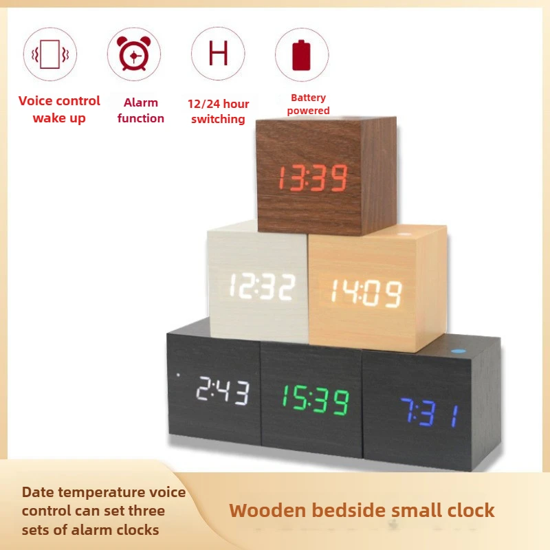 Alarm Clock LED Wooden Watch Table Voice Control Digital Wood Despertador USB/AAA Powered Electronic Desktop Clocks