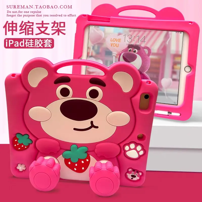 3D Strawberry Bear Case For iPad Mini Air 2 3 4 5 6 7/Pro 9.7-11 (2018-2025)/7th 8th 9th/10th Gen M3 M2 Cover Kids Tablet Shell