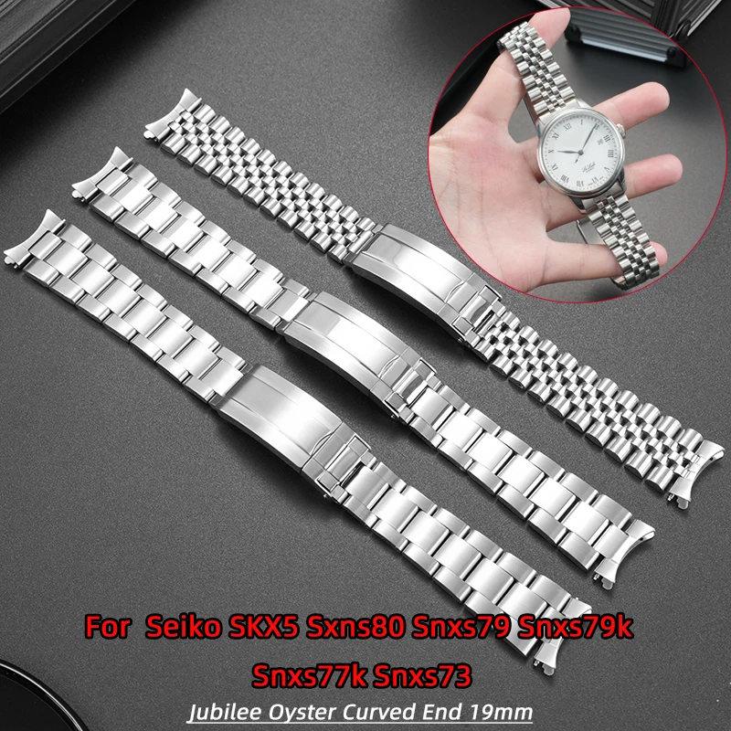 19mm Curved End Watchband Brushed Stainless Steel Jubilee Oyster Watch Strap For SEIKO Skx5 Sxns80 Snxs79 Snxs79k Snxs77k Snxs73