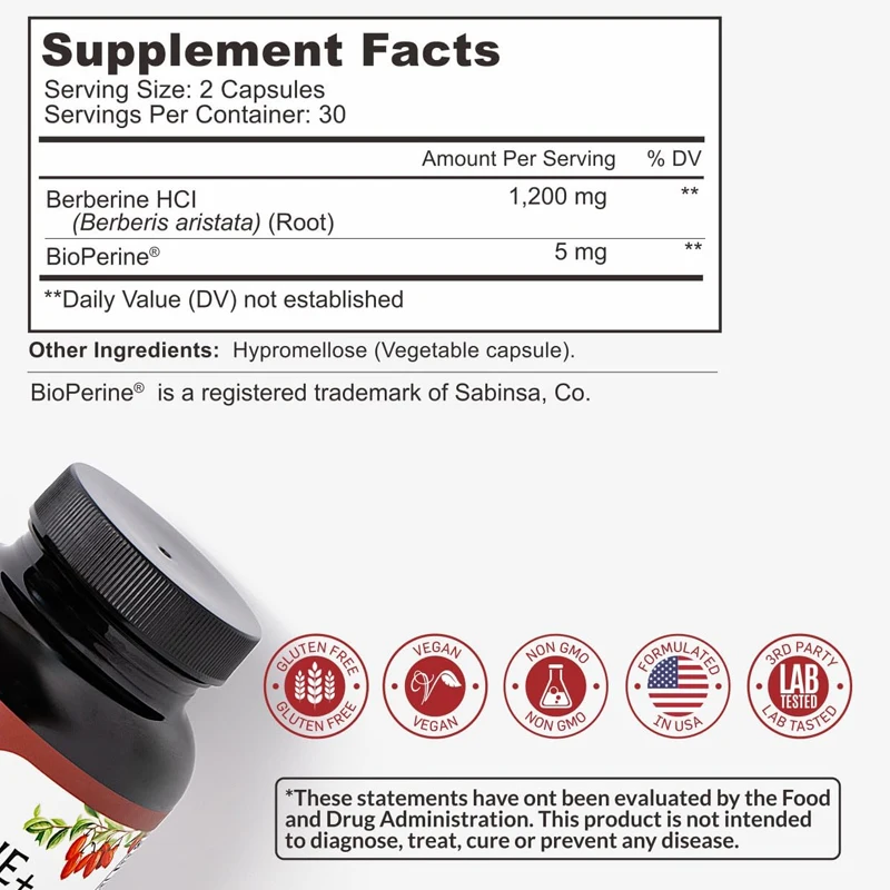 Berberine Supplement 1200mg - Increased absorption rate by 5 times - Ultra pure 98% aspartic acid HCL - Immune support - Non GMO