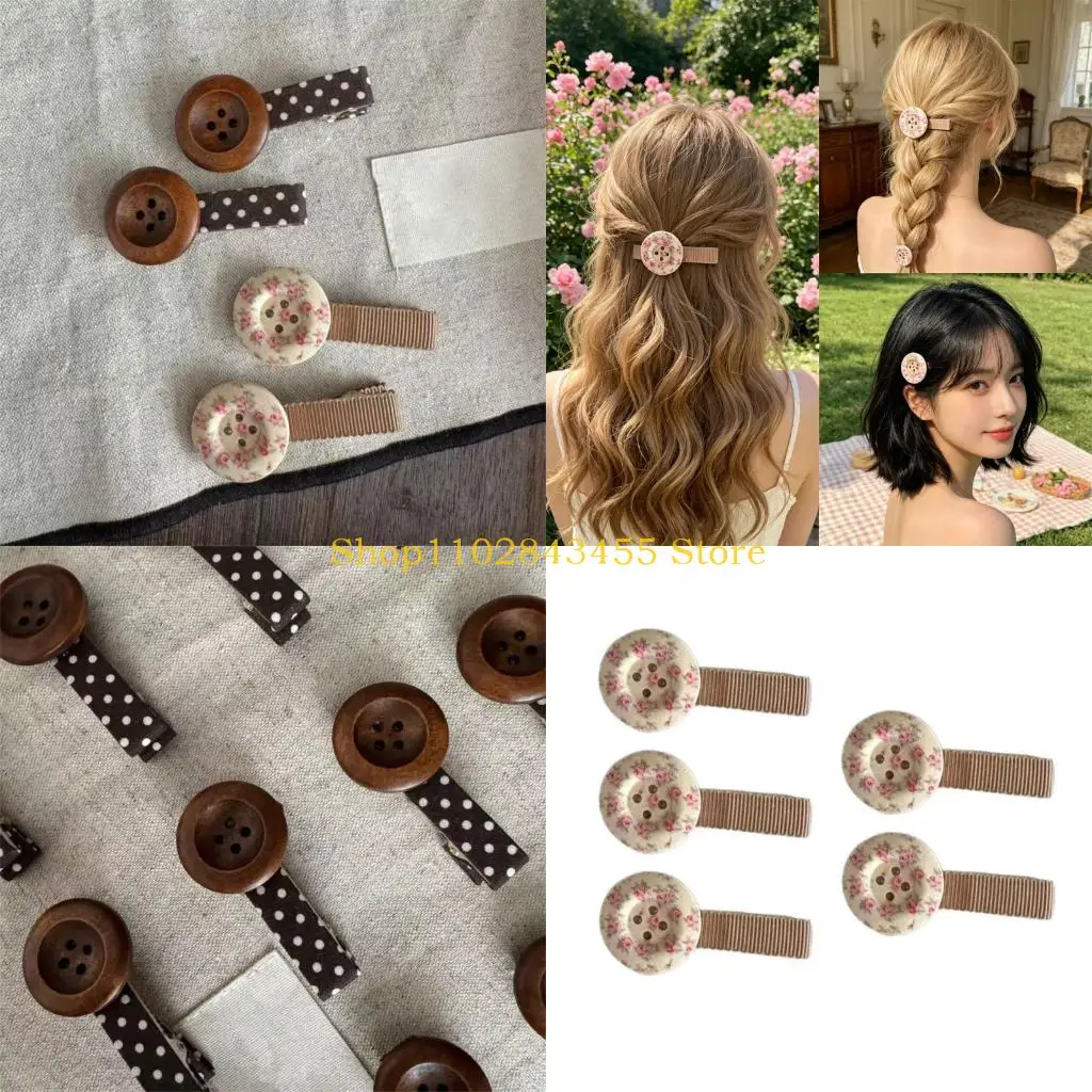 49MC Button Hair Barrette Set, 5 Piece Fabric Top Barrettes for Daily Use