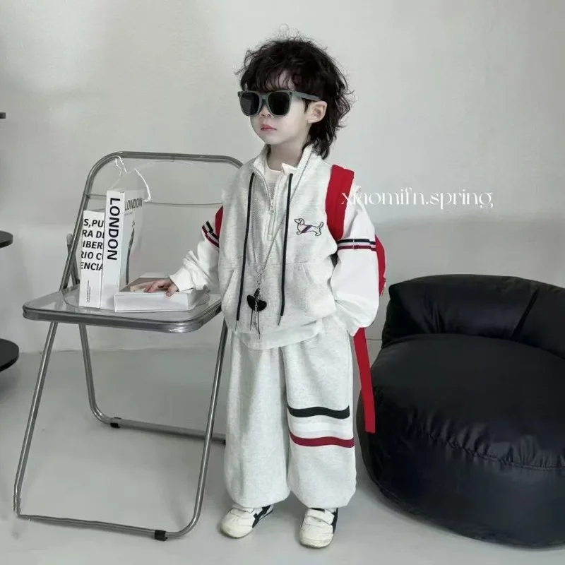 

Children's Clothing 2025 New Children's Vest Three-piece Spring and Autumn Handsome Boys Casual Striped Fashion Sweater Set