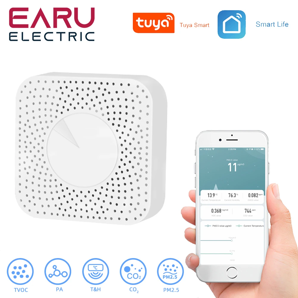 

Tuya Wifi Smart Air Housekeeper PM2.5 Formaldehyde VOC CO2 Temperature Humidity 6 In 1 Smart Air Box Sensor Automation Alarm