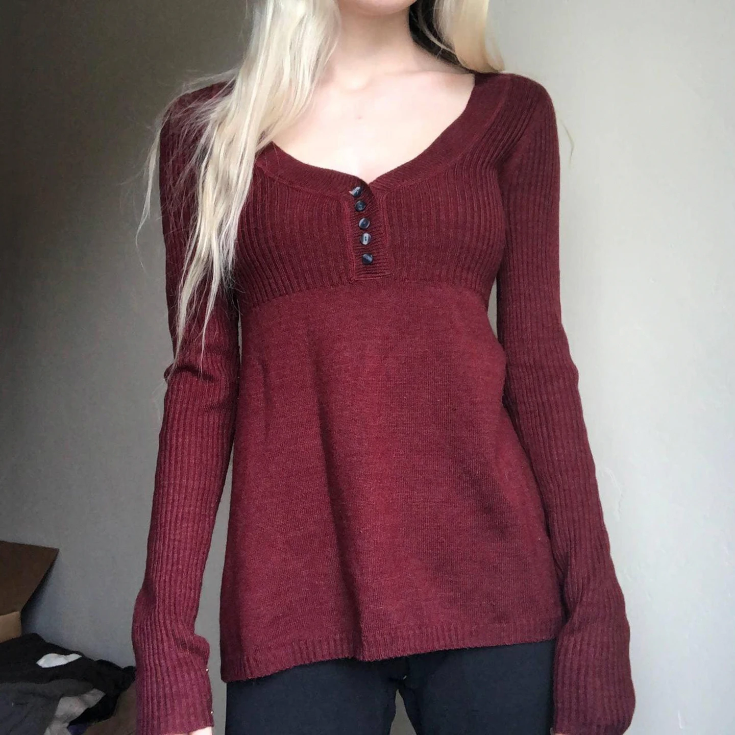 SUCHCUTE Vintage Burgundy Sweater Y2k Women V Neck Long Sleeve Slim Pullover Top Winter Fall Outfit All Match  Grunge Fairycore