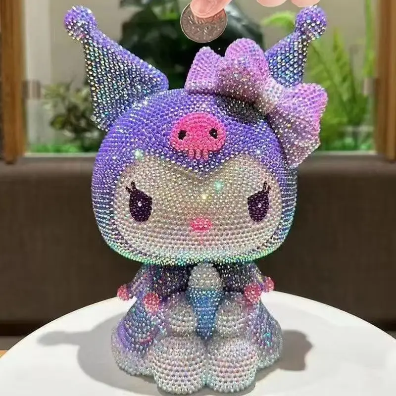 

Sanrio Kuromi Hello Kitty DIY Piggy Bank Diamond Stick Craft Kit Resin Figurine with Glow-in-the-Dark Design Anime Collectible G