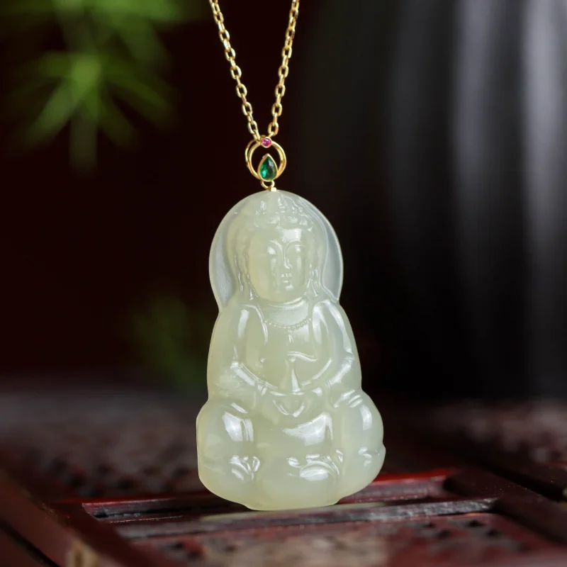 

18K Gold Inlaid Hetian Green Jade Guanyin Pendant Women