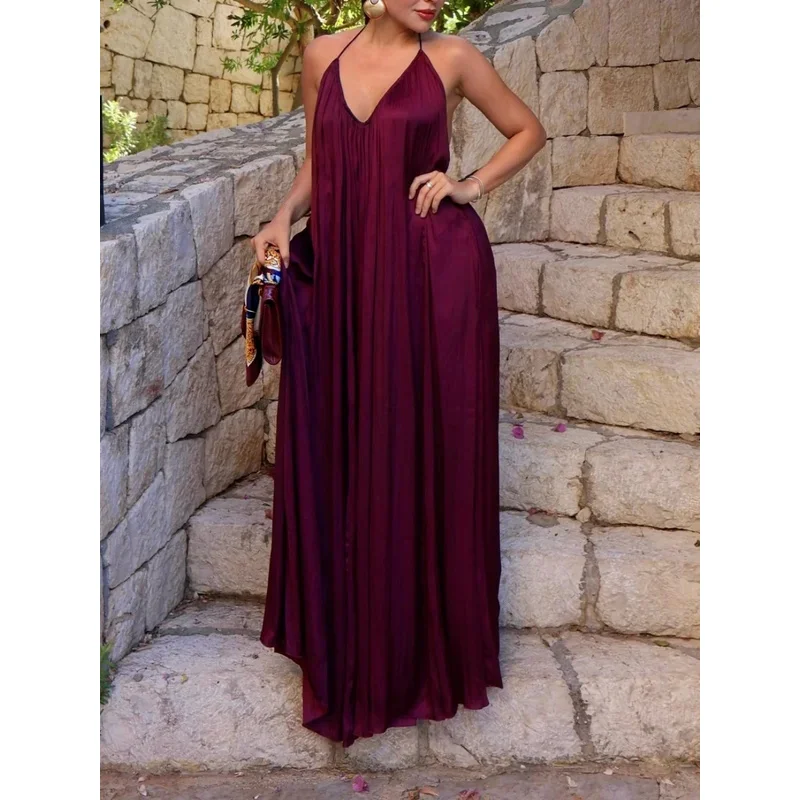 

Sexy Chic Women's Satin Party Dress V-Neck Halter Pleated Maxi Fashion 2025 Evening Club Festival Elegant Chic
