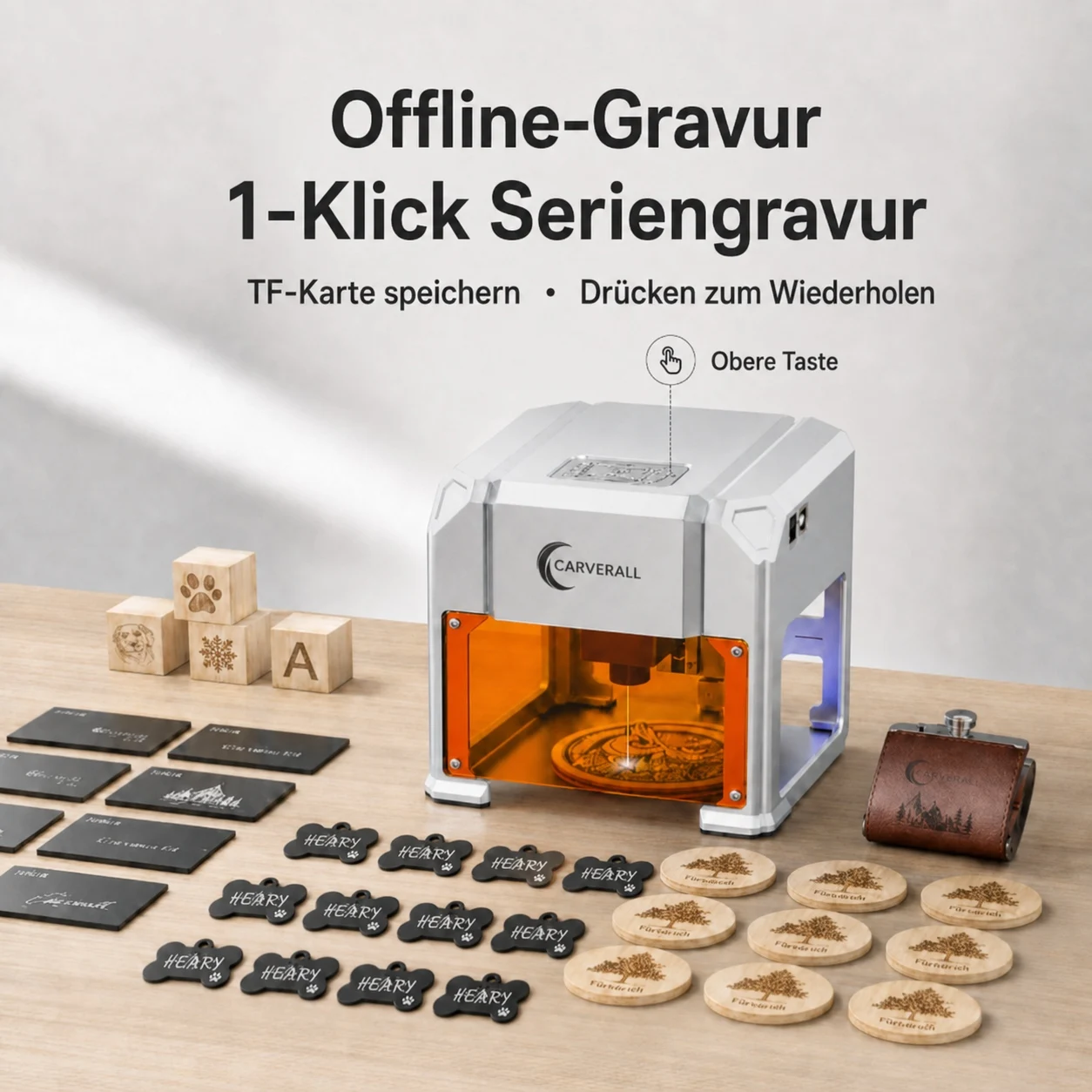 Carverall K4 3W Lasergravierer, Tragbare Mini-Graviermaschine mit WiFi-App-Steuerung und USB, 80 x 80 mm, Bis zu 0,01 mm Präzision, für Holz, Bambus, Leder, Papier, Karton, DIY-Geschenke, Einsteigerfreundlich – Detail 8