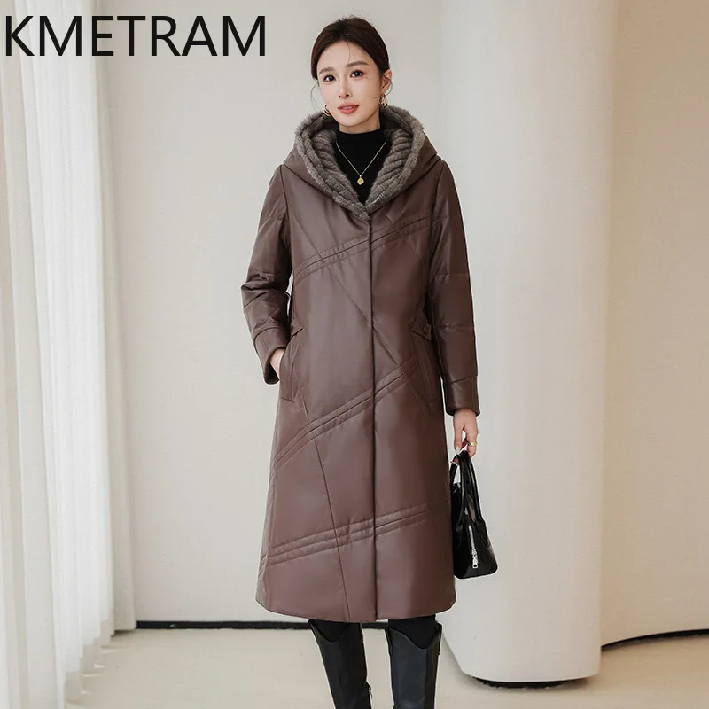 100% pele de carneiro para baixo casacos femininos de couro genuíno longo puffer jaqueta com chapéu de pele de vison 2025 roupas de inverno mulher Пухоiyahaк Ж misce