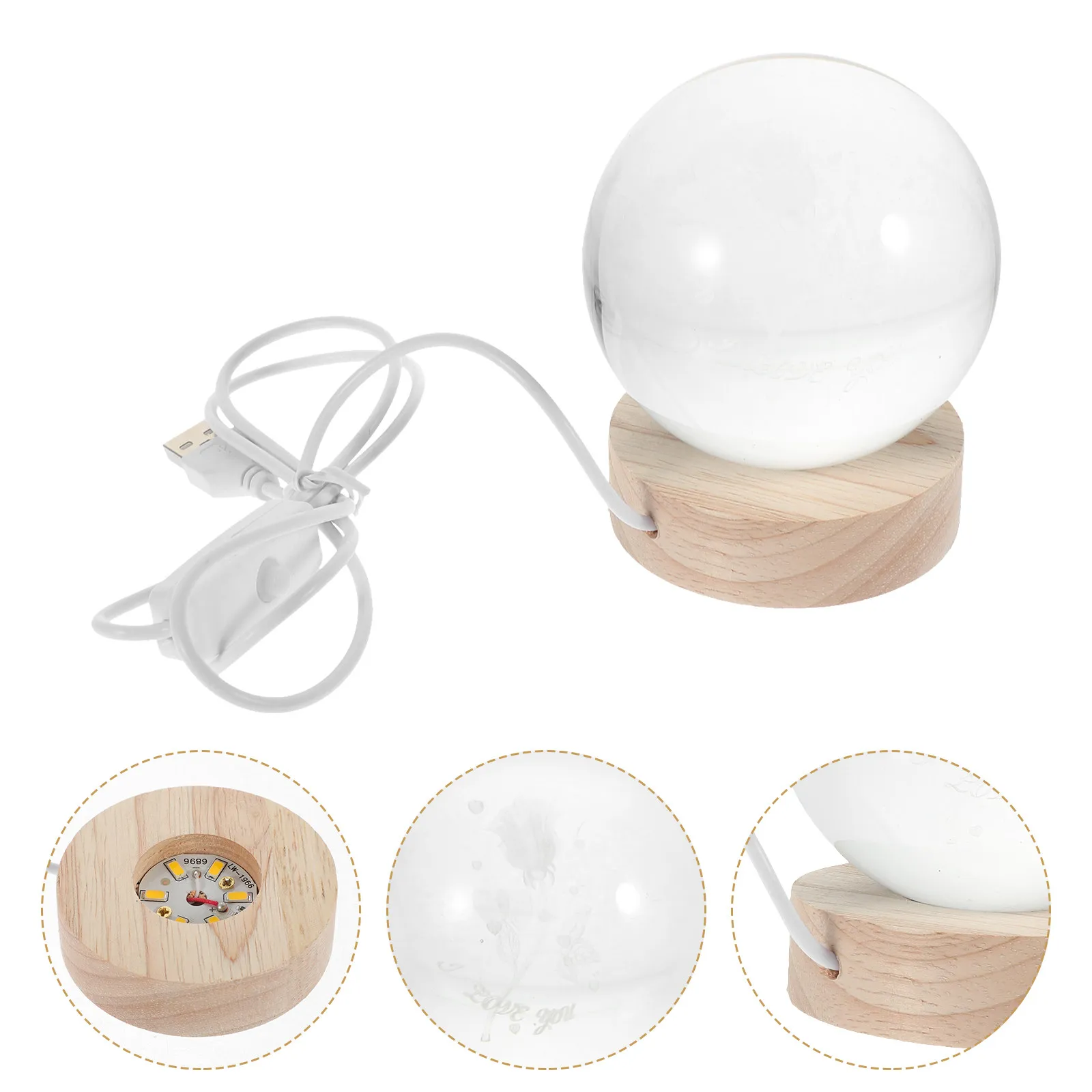

3D Rose Crystal Ball Night Light Wooden Base Table Lamp Warm Eye-Friendly Light for Bedside Study Room Decorative Night Lamp