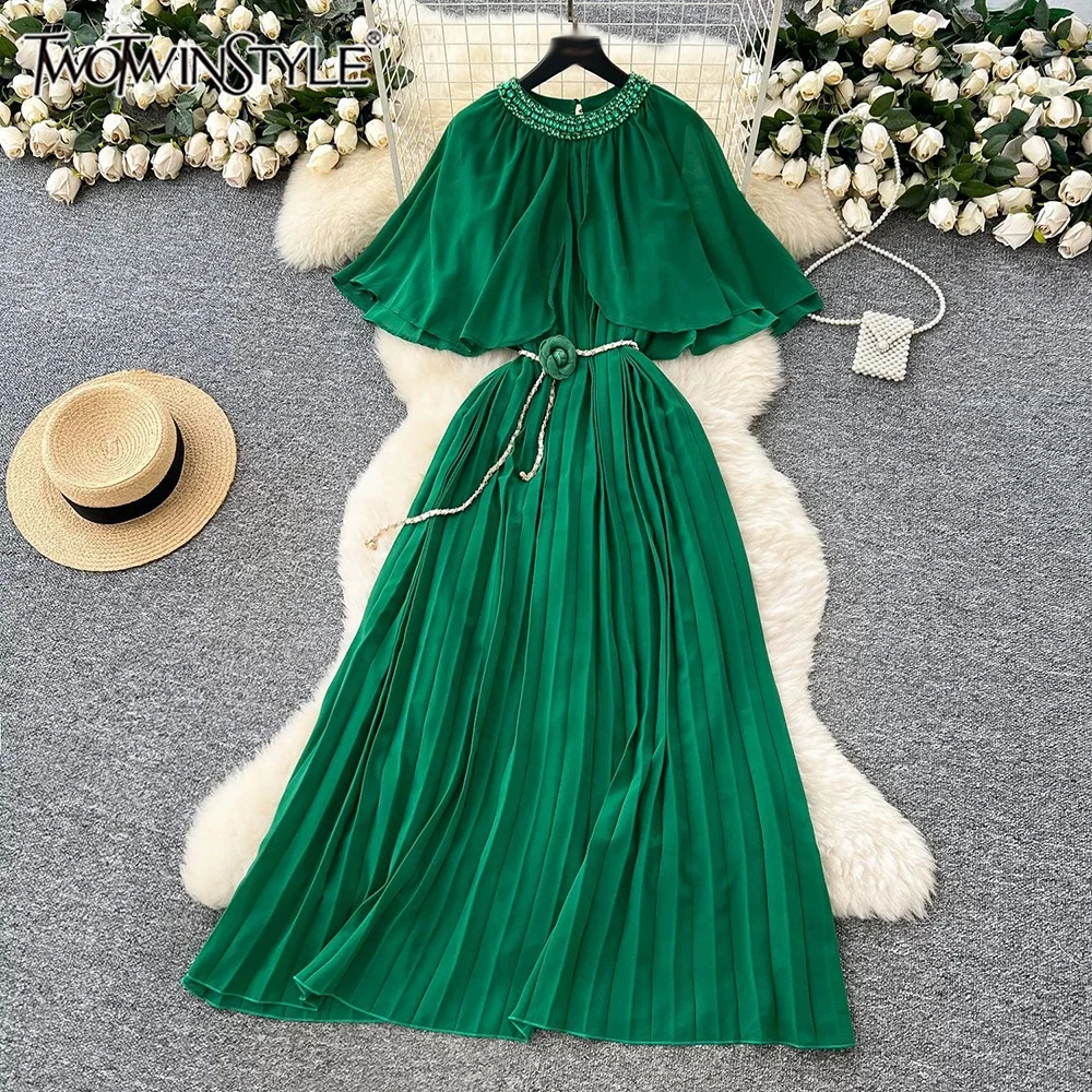 

TWOTWINSTYLE Elegant Solid Dresses For Women Round Neck Short Sleeve High Waist Spliced Appliques Chic Dress Female KDR542789